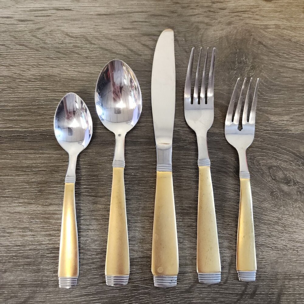Vintage Mid-Century Modern Flatware Set Gold 2 Toned Stainless Mod Service For 4